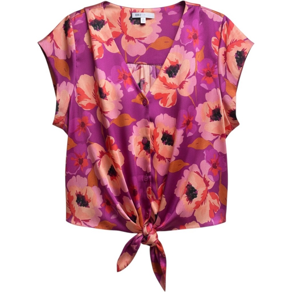 DR2 by Daniel Rainn Women XXL Pink Floral Tie Front Cap Sleeve Button Blouse